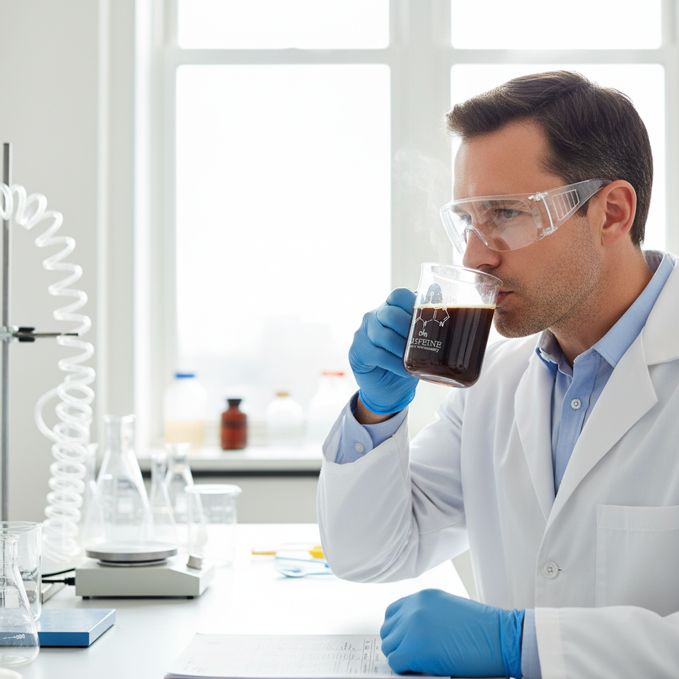 Scientist in a lab coat drinking coffee from a glass beaker-style mug in a modern laboratory