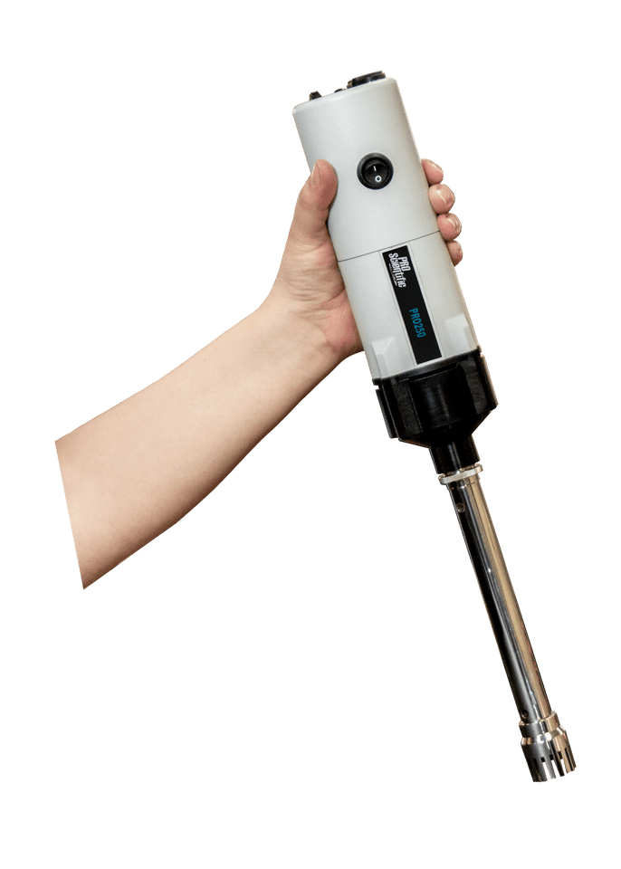 PRO250 analog rotor-stator homogenizer with variable speed dial, 0.03 mL–5 L processing range, for stand-mounted or hand-held use