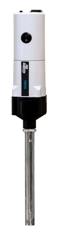 PRO250 analog rotor-stator homogenizer with variable speed dial, 0.03 mL–5 L processing range, for stand-mounted or hand-held use