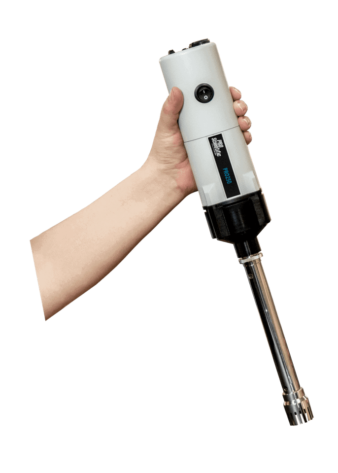 PRO250 analog rotor-stator homogenizer with variable speed dial, 0.03 mL–5 L processing range, for stand-mounted or hand-held use