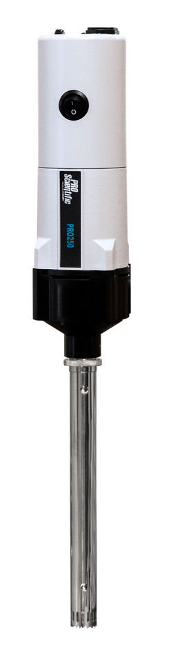 PRO250 analog rotor-stator homogenizer with variable speed dial, 0.03 mL–5 L processing range, for stand-mounted or hand-held use