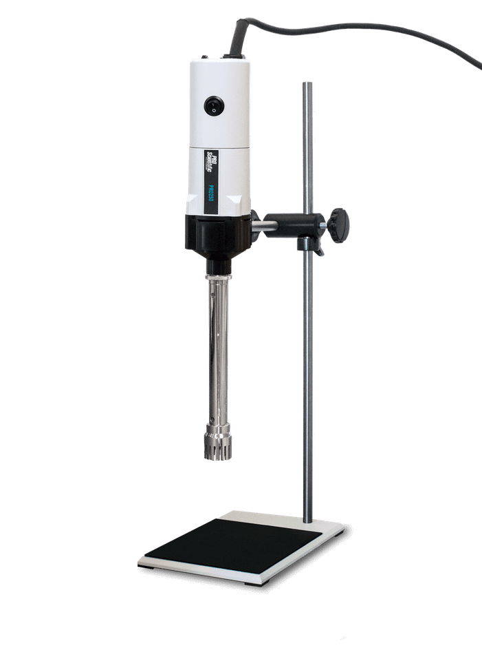 PRO250 analog rotor-stator homogenizer with variable speed dial, 0.03 mL–5 L processing range, for stand-mounted or hand-held use