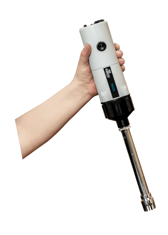 PRO250 analog rotor-stator homogenizer with variable speed dial, 0.03 mL–5 L processing range, for stand-mounted or hand-held use