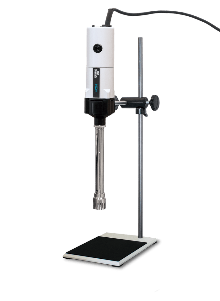 PRO250 analog rotor-stator homogenizer with variable speed dial, 0.03 mL–5 L processing range, for stand-mounted or hand-held use