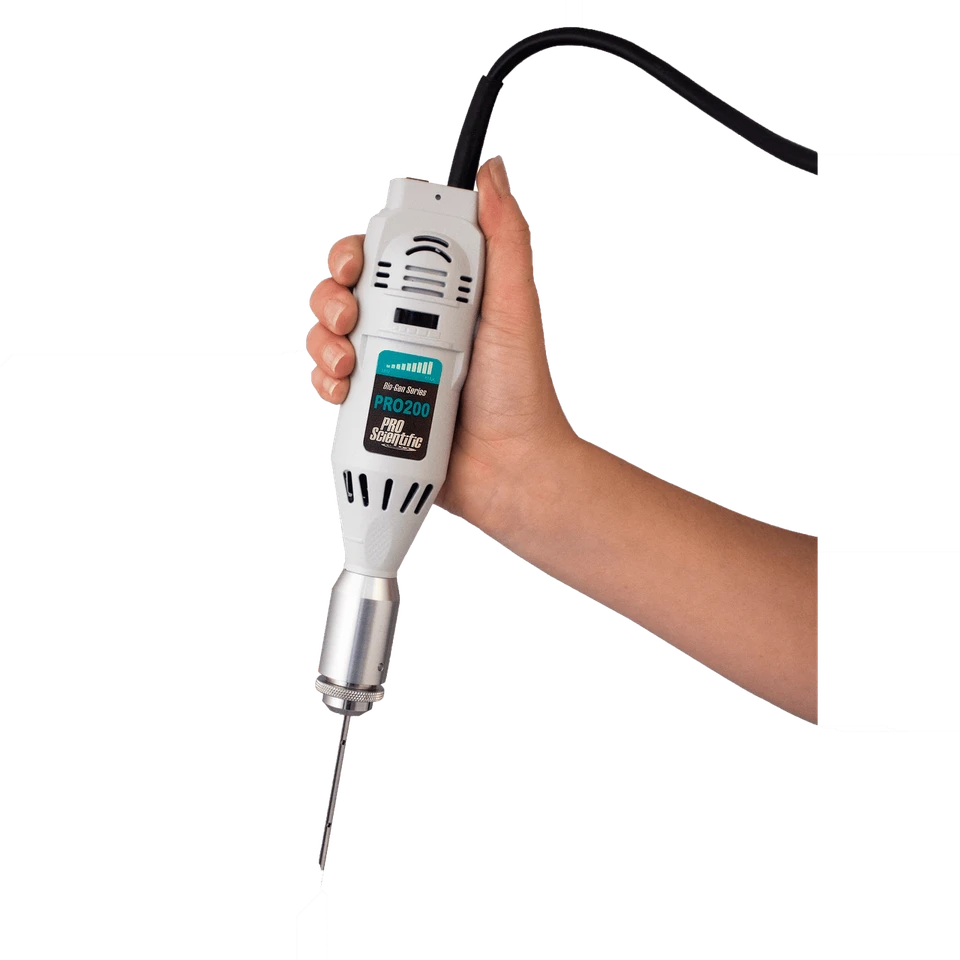 Bio-Gen PRO200 hand-held rotor-stator homogenizer with PRO Quick Connect stainless-steel probe for 0.03 mL–1 L samples