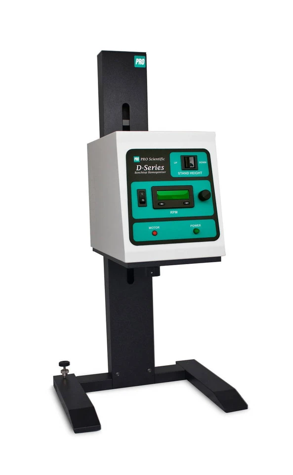 PRO400DSEL D-Series digital benchtop homogenizer with extra-long motorized PRO TRAC stand for tall containers, 1305W motor, 0–23,000 RPM