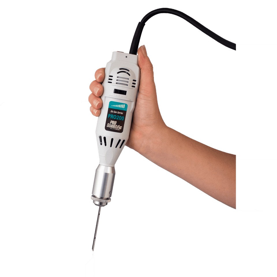 Bio-Gen PRO200 hand-held rotor-stator homogenizer with PRO Quick Connect stainless-steel probe for 0.03 mL–1 L samples