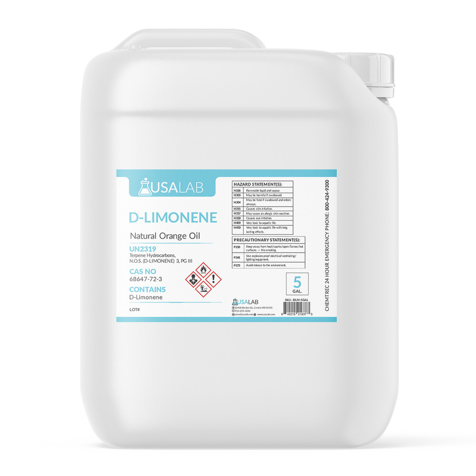 Ultra High Purity D-Limonene (Terpene Solvent) for cleaning and degreasing lab equipment and stainless steel – CAS 138-86-3, UN2319 Flammable Liquid