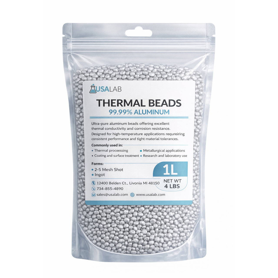 USA Lab Thermal Beads 99.99% aluminum in resealable clear pouch with product label and net weight 4 lbs