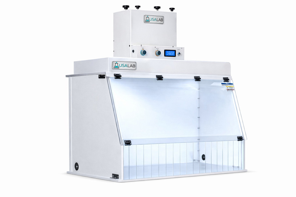 USA Lab Ductless Fume Hood Deluxe model with front-mounted controls, variable speed controller, high-capacity filtration system, and UL-listed safety certification, shown as a ductless laboratory air filtration hood.