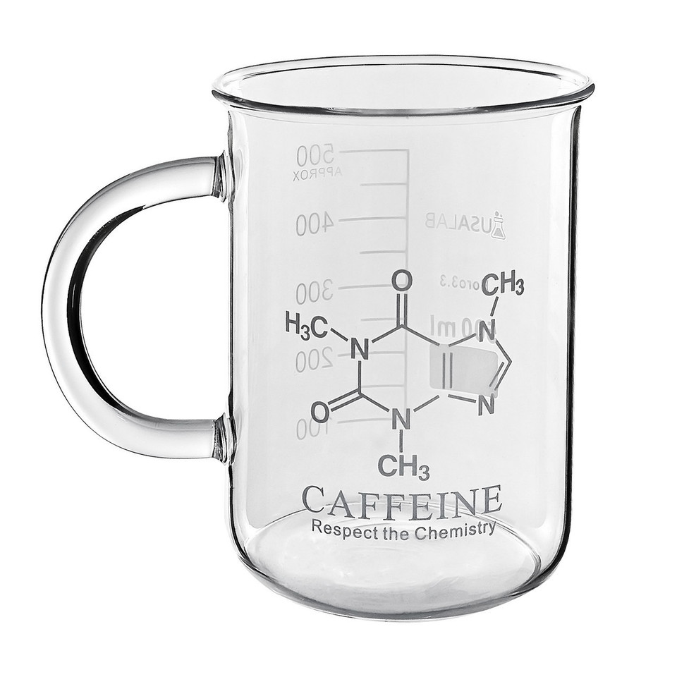 USA Lab beaker-style glass coffee mug with caffeine molecule design and measurement markings on a white background