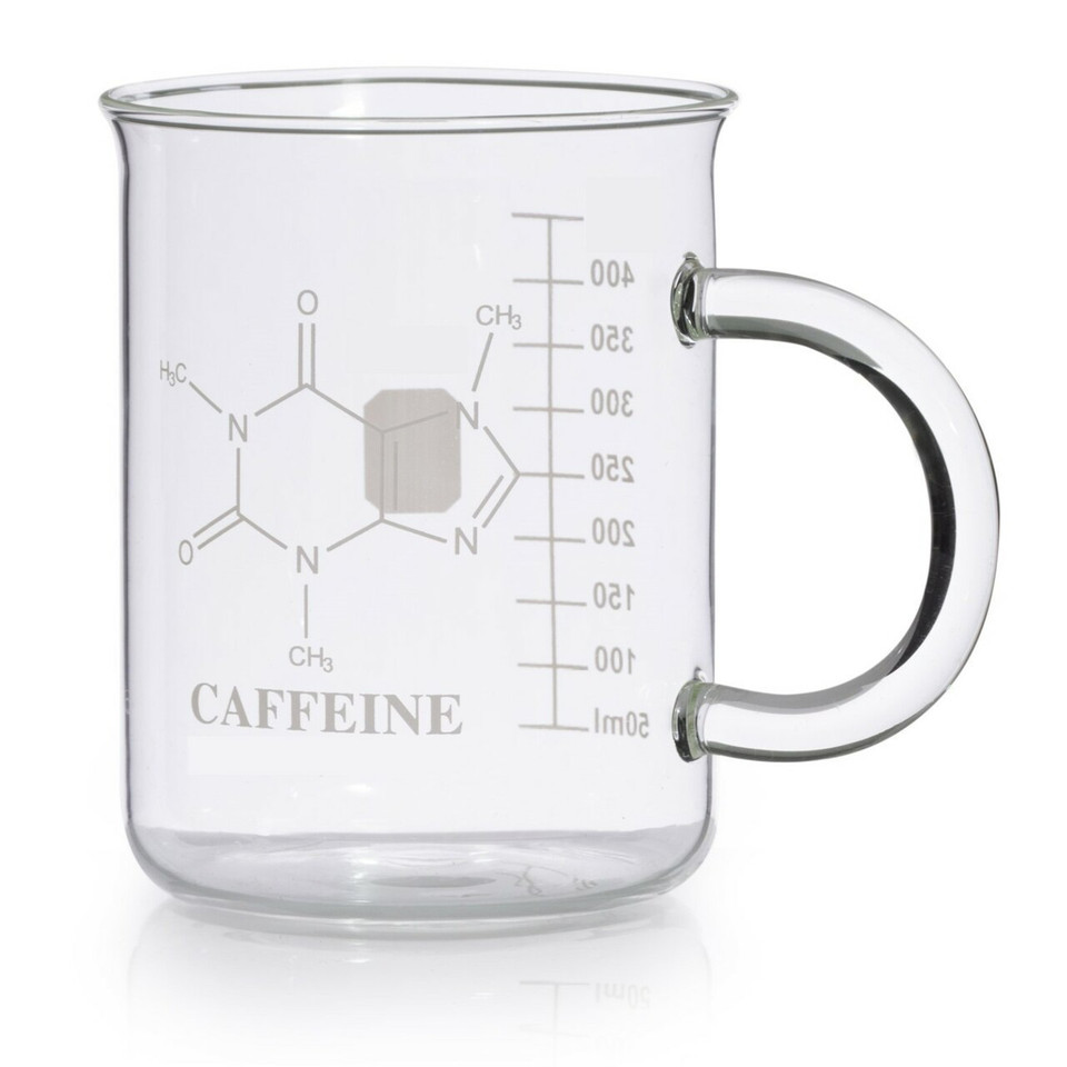 USA Lab beaker-style glass coffee mug with caffeine molecule design and measurement markings on a white background