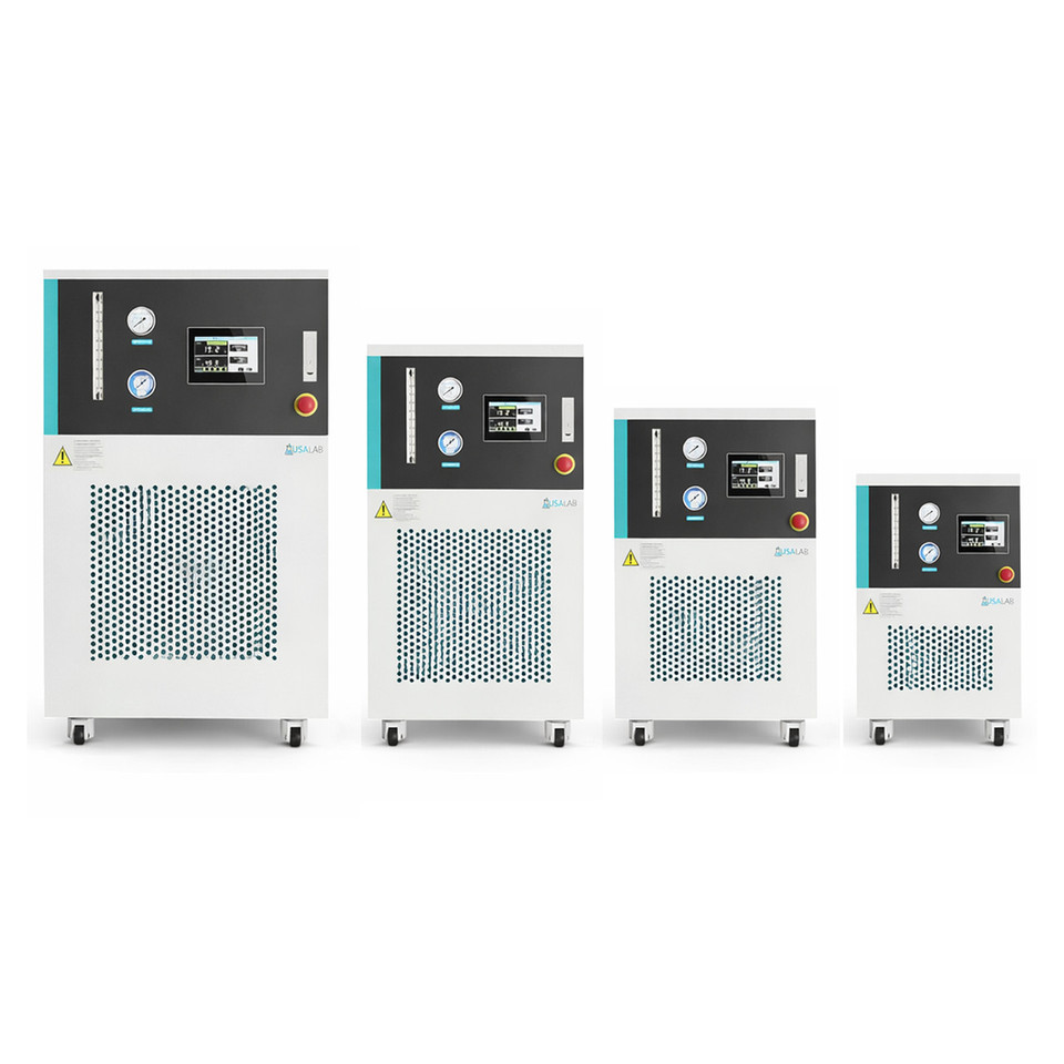 USA Lab closed-loop recirculating chillers lineup showing multiple industrial laboratory chiller sizes from large to compact models