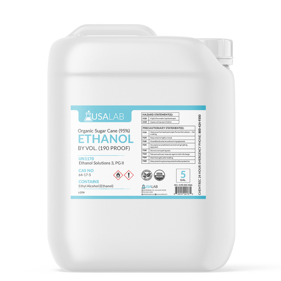 Organic Sugar Cane Ethanol 190 Proof 5 gallon F-style HDPE container with USA Lab label