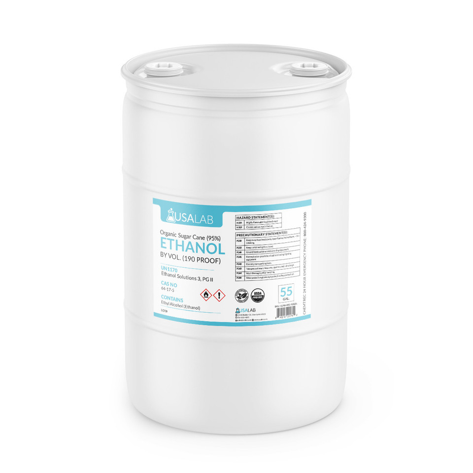 Organic Sugar Cane Ethanol 190 Proof 55 gallon drum with USA Lab chemical label