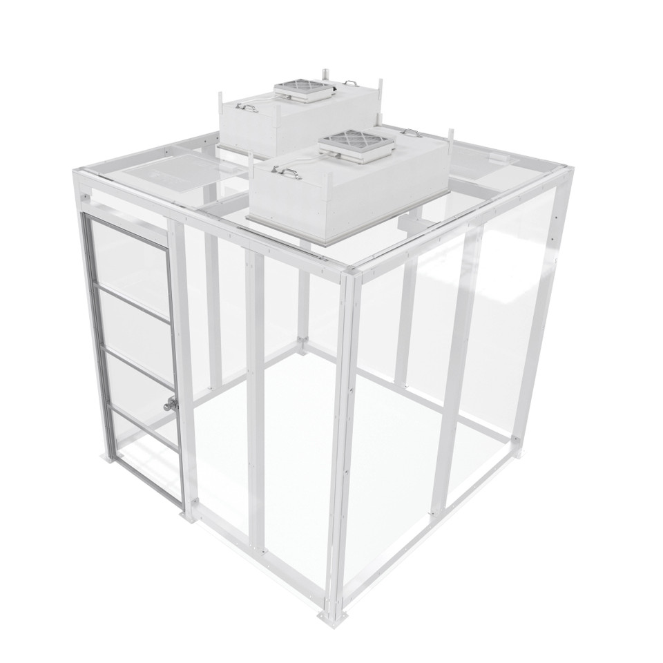 Sentry Air Systems Quick Ship Walk-in Modular Cleanroom with clear polycarbonate walls, steel frame, access door, and dual ceiling-mounted fan filter units