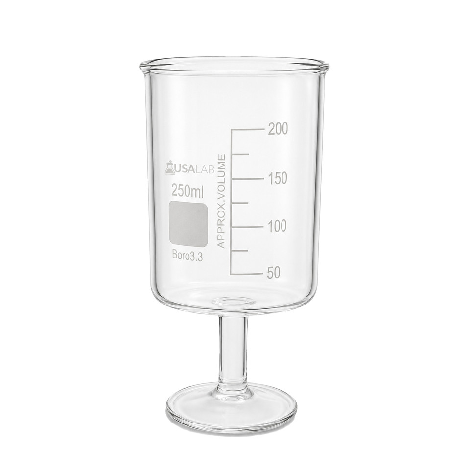 USA Lab 250mL beaker wine glass made from clear Borosilicate 3.3 glass with etched volume markings.