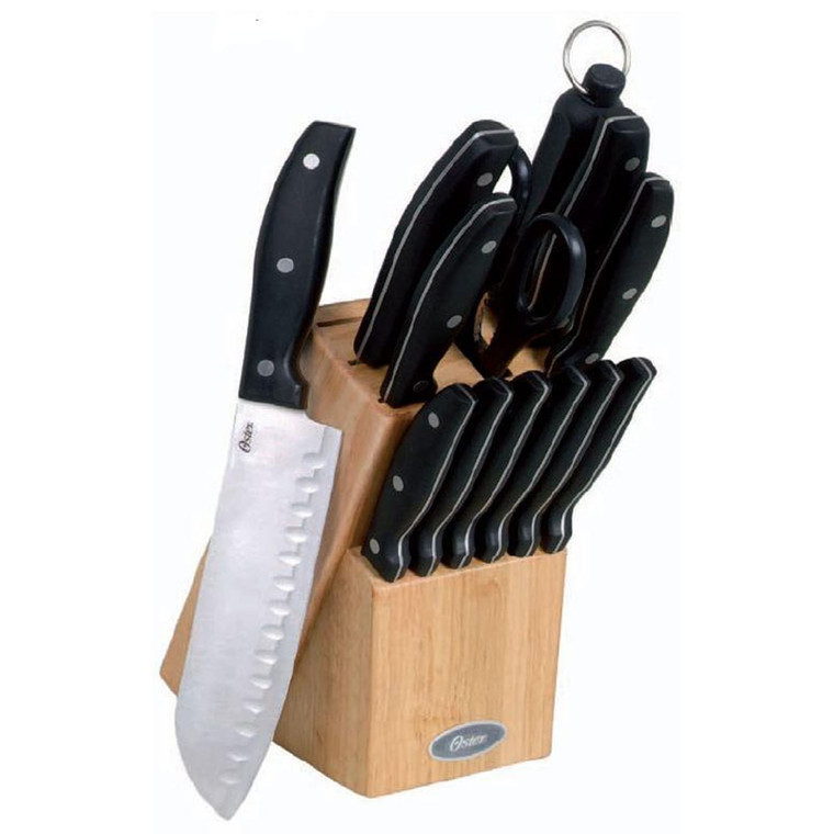 Oster Granger 14 Piece Stainless Steel Cutlery Set with Black Handles and Wooden Block D970-69529.14