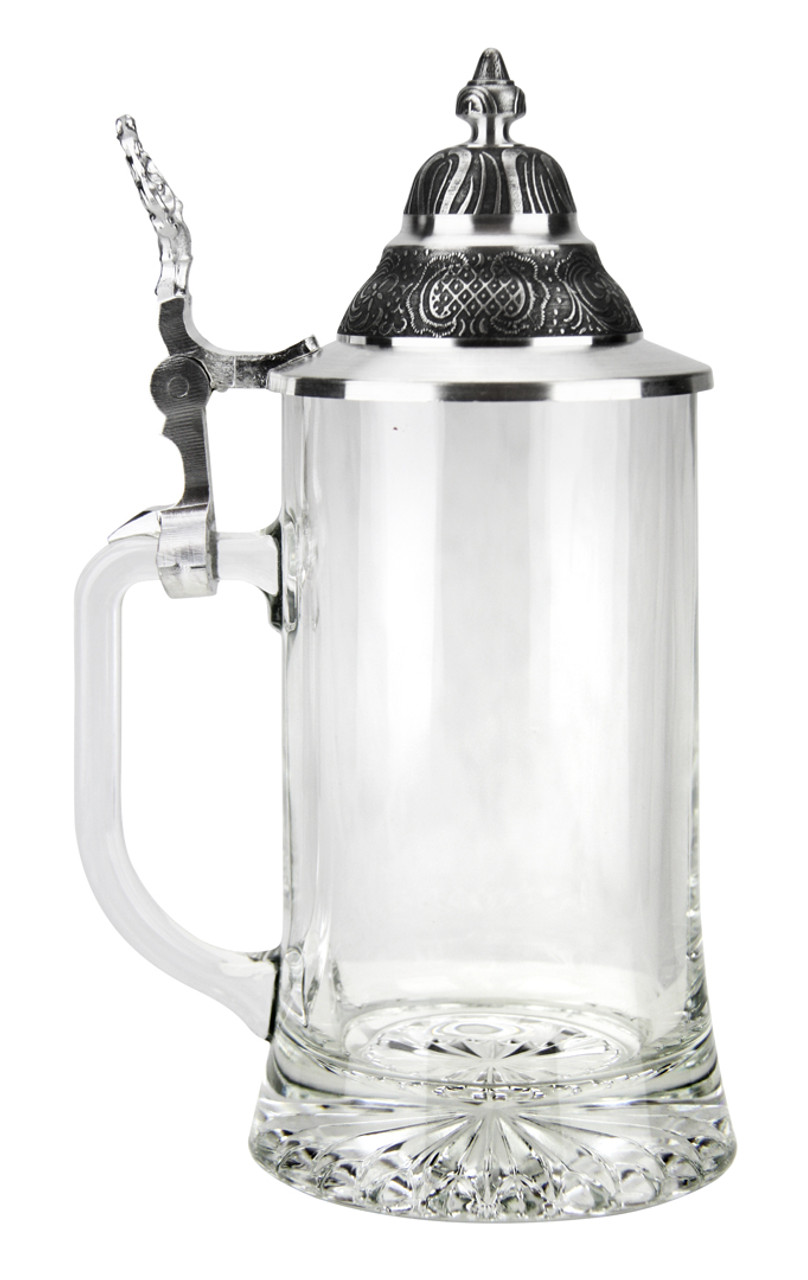 Custom Engraved Glass Beer Stein with Pointed Pewter Lid