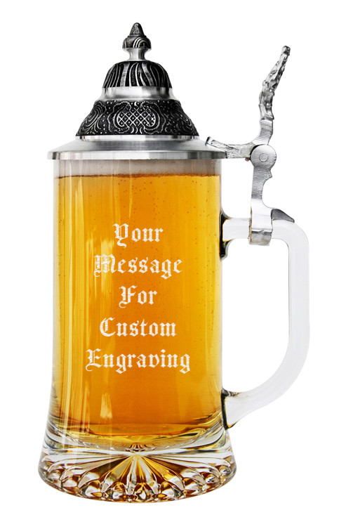 Custom Engraved Glass Beer Stein with Pointed Pewter Lid