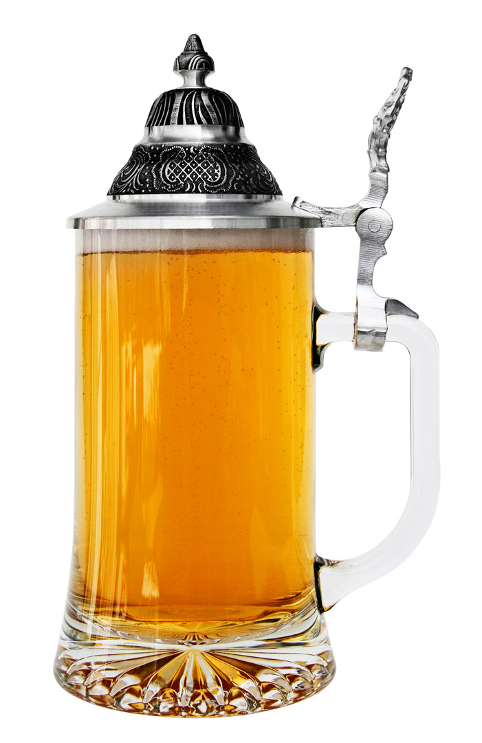 Custom Engraved Glass Beer Stein with Pointed Pewter Lid