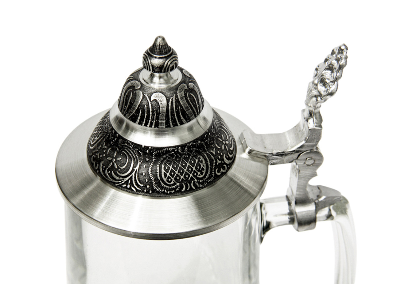 Top View of Pointed Pewter Lid on Glass Beer Stein