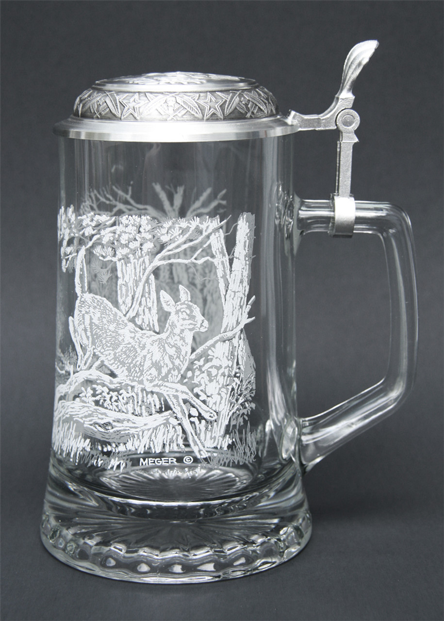 Left Side of Traditional German Beer Glass with White Tail Deer Relief 