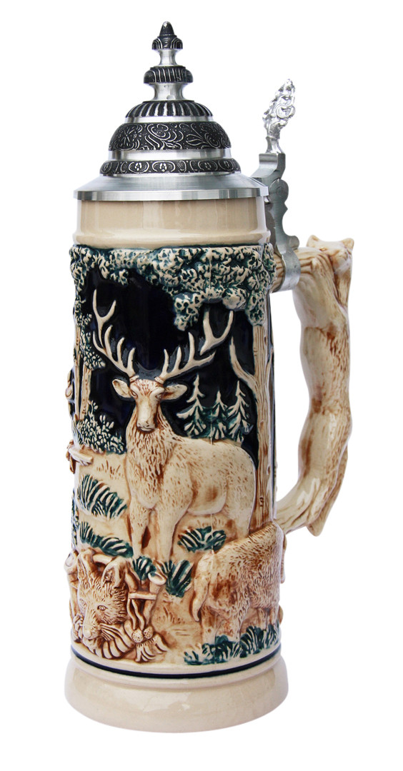 Hunters Fox Handle Beer Stein Antique Style - GermanSteins.com