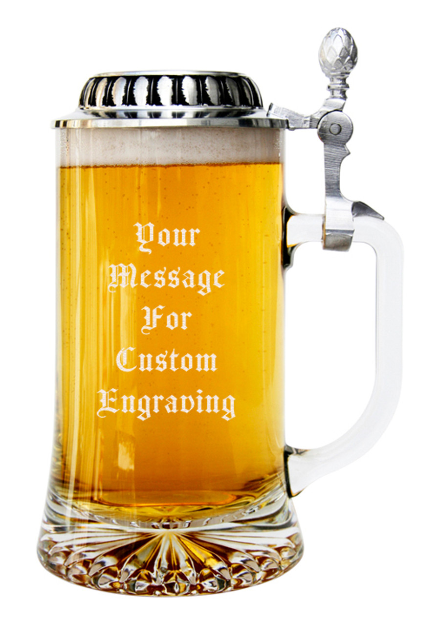 Custom Engraved Glass Beer Stein With Plateau Pewter Lid 7737