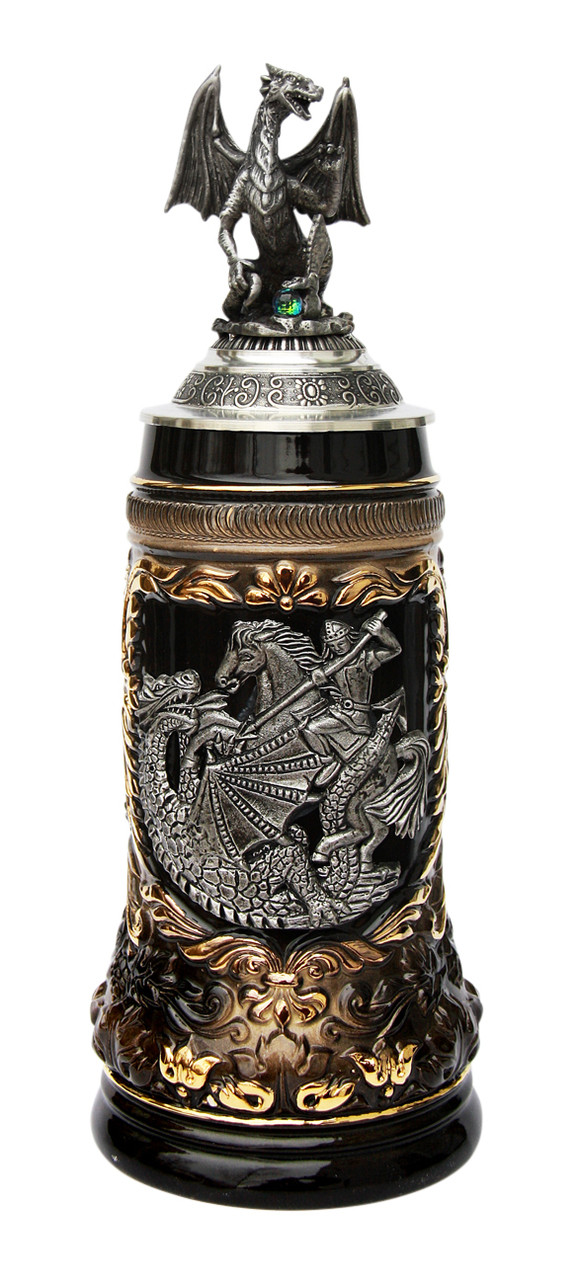 St. George Dragon Slayer Beer Stein with Dragon Lid - GermanSteins.com