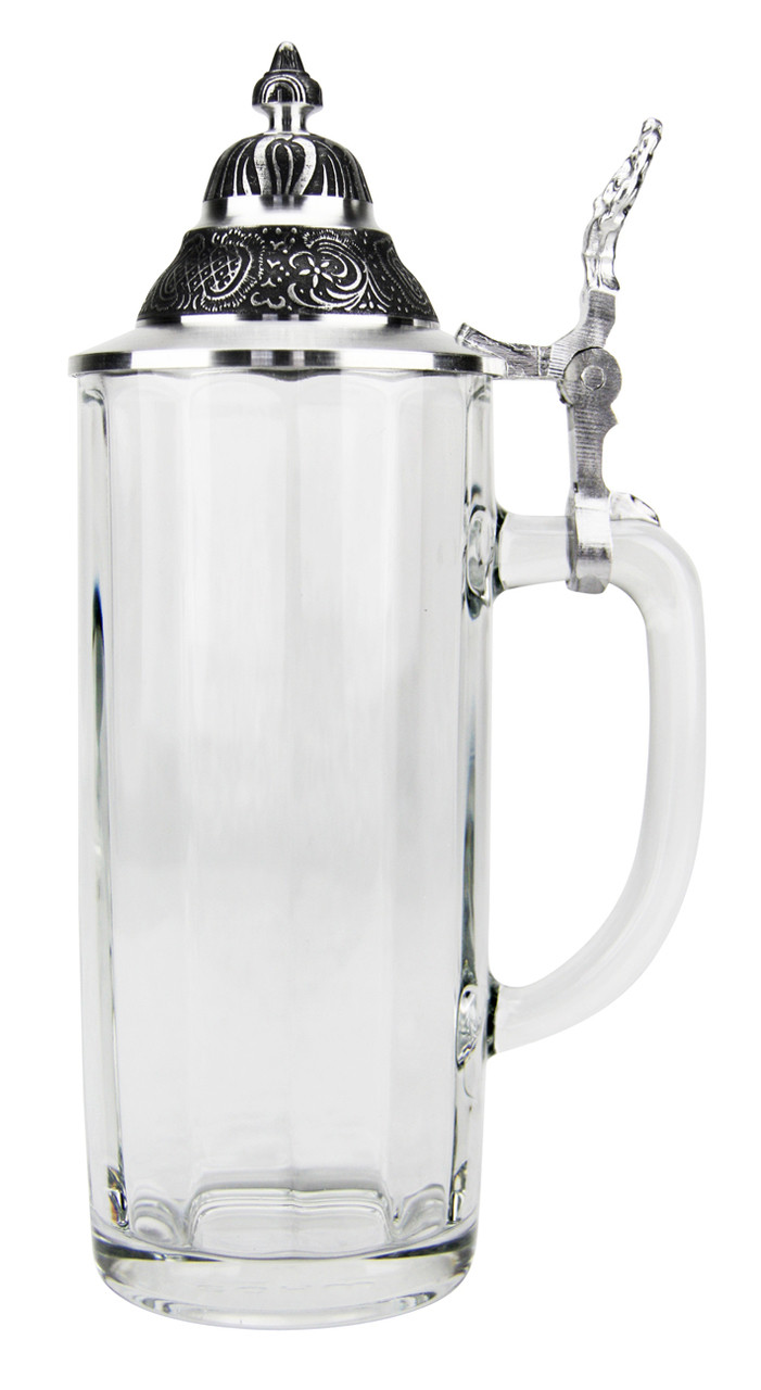 Custom Engraved Faceted Glass Beer Stein with Pointed Pewter Lid
