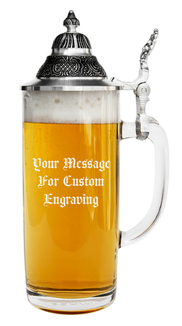 Custom Engraved Faceted Glass Beer Stein with Pointed Pewter Lid