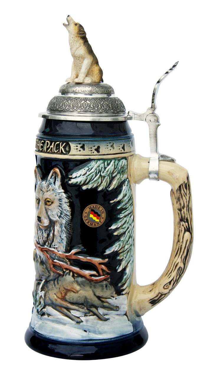 Power of the Pack Wolf Beer Stein Cobalt with Wolf Lid