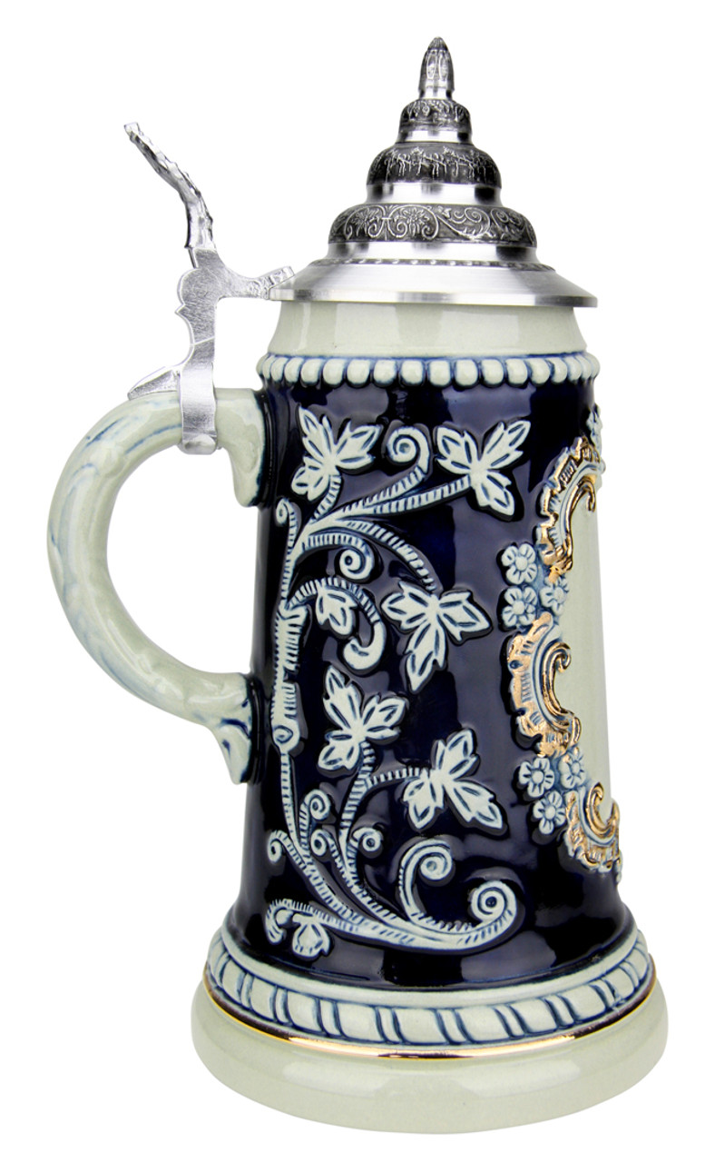 Ornate Cobalt Blue Beer Stein with Pewter Relief Lid