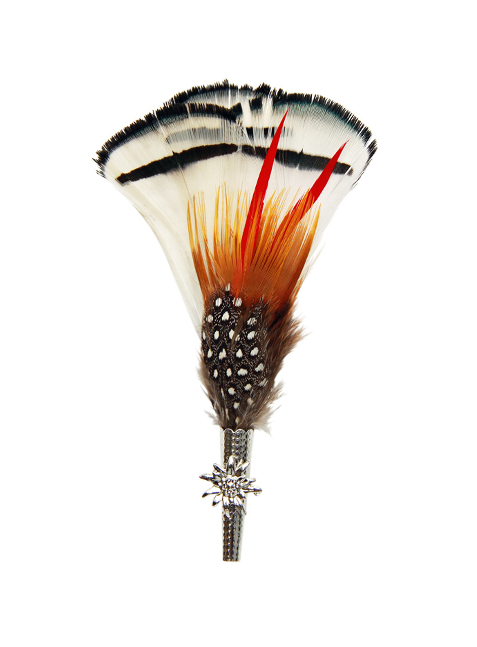Feather Hat Pin White Red and Yellow with Edelweiss