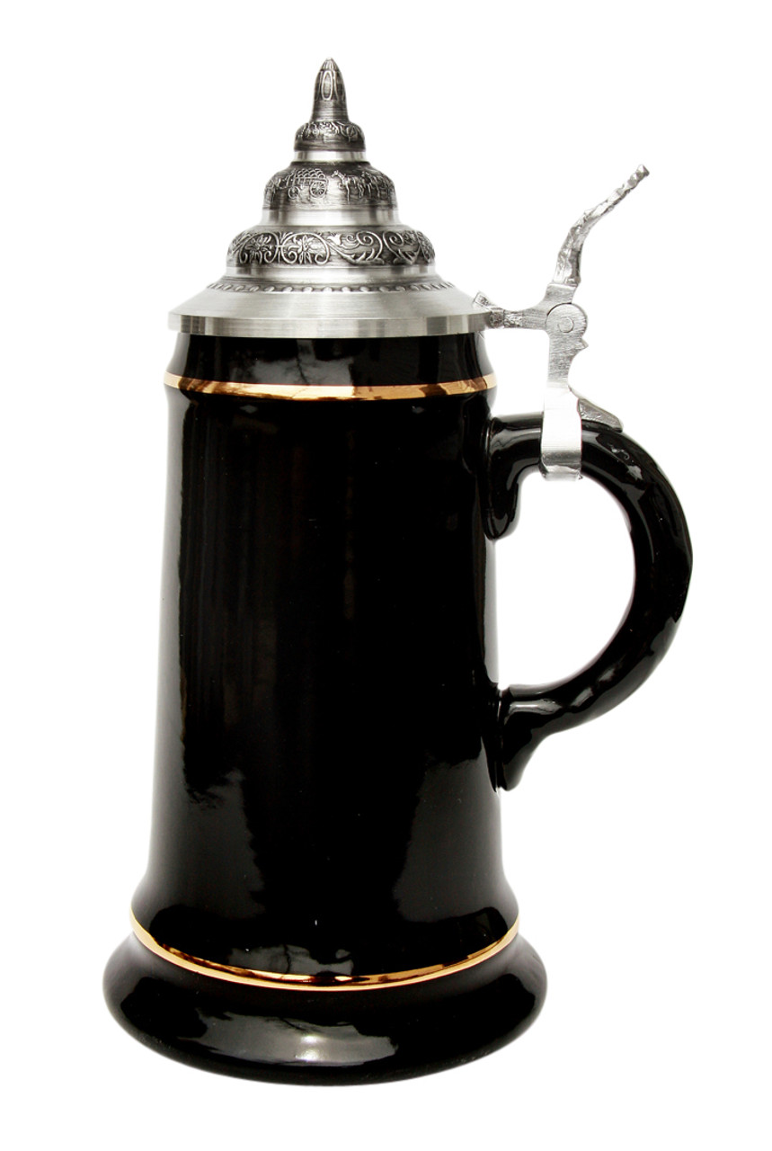 .5 Liter Smooth Black Glaze Beer Stein with 24K Gld Accents