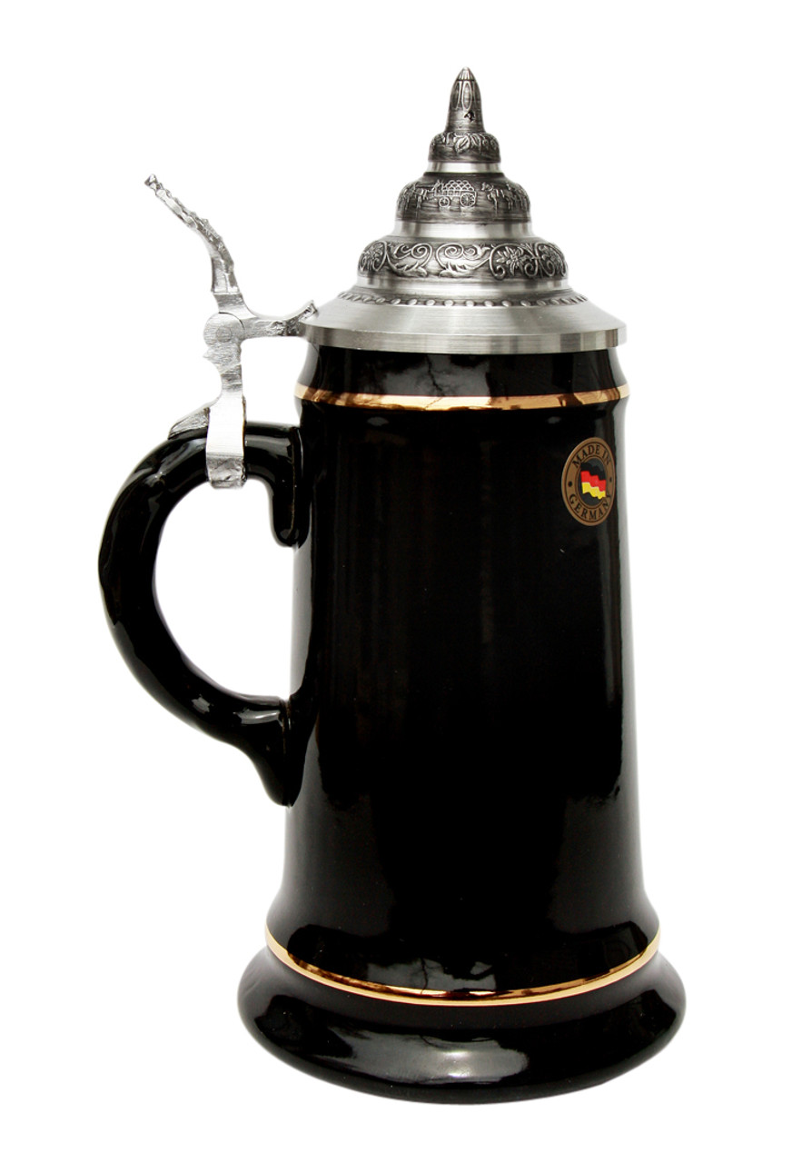 .5 Liter Black Glaze Beer Stein with 24K Gold Accents and Pewter Lid and Thumblift