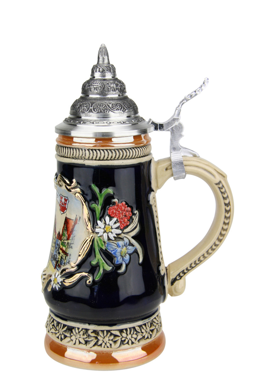 Hand-Painted German Stein with Pewter Lid & 24K Gold Accents