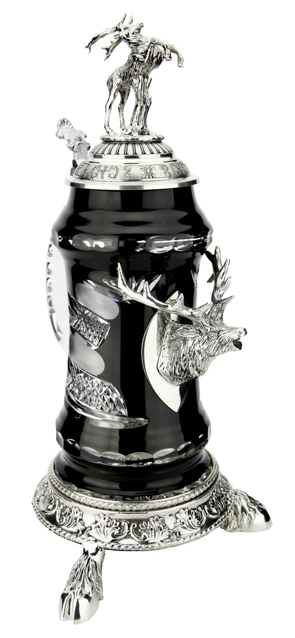 Lord of Crystal Stag German Beer Stein Black | 3D Stag Lid | Hoof Feet