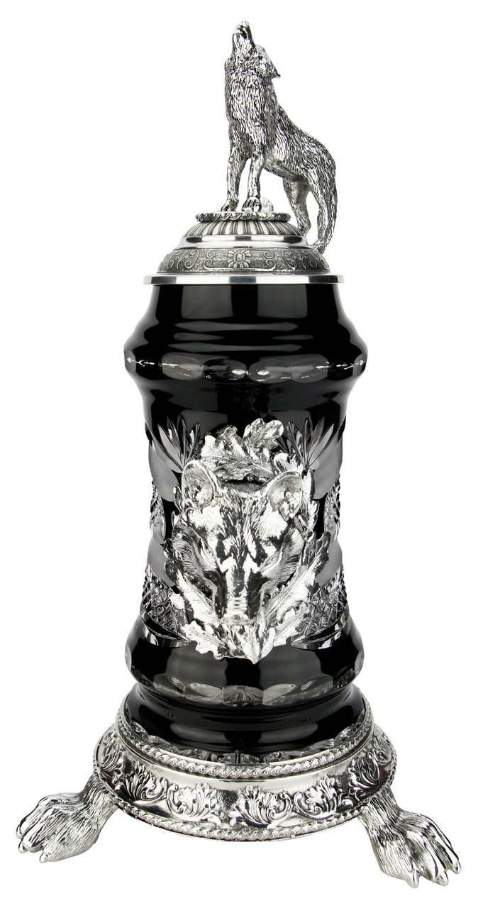 Lord of Crystal Wolf German Beer Stein Black | 3D Howling Wolf Lid | Wolf Paw Feet