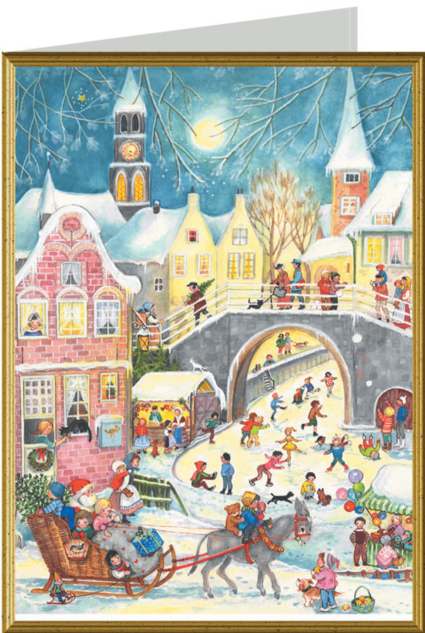 Charming Village with Skaters and Santa German Christmas Card
