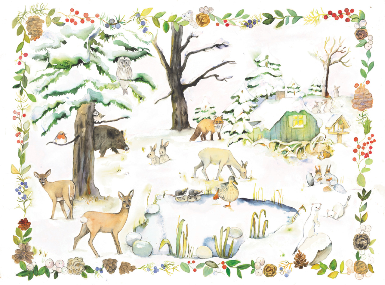 Animals Visit the Winter Pond Extra Large German Advent Calendar
