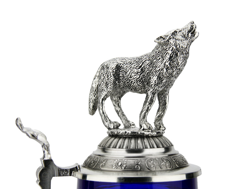 Lord of Crystal Wolf German Beer Stein Blue | 3D Howling Wolf Lid