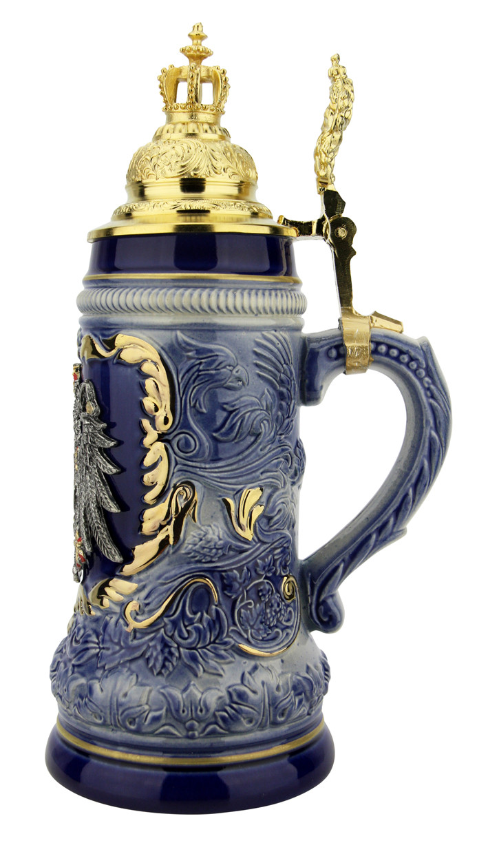 German Eagle Beer Stein with Gilded Crown Lid | German Steins
