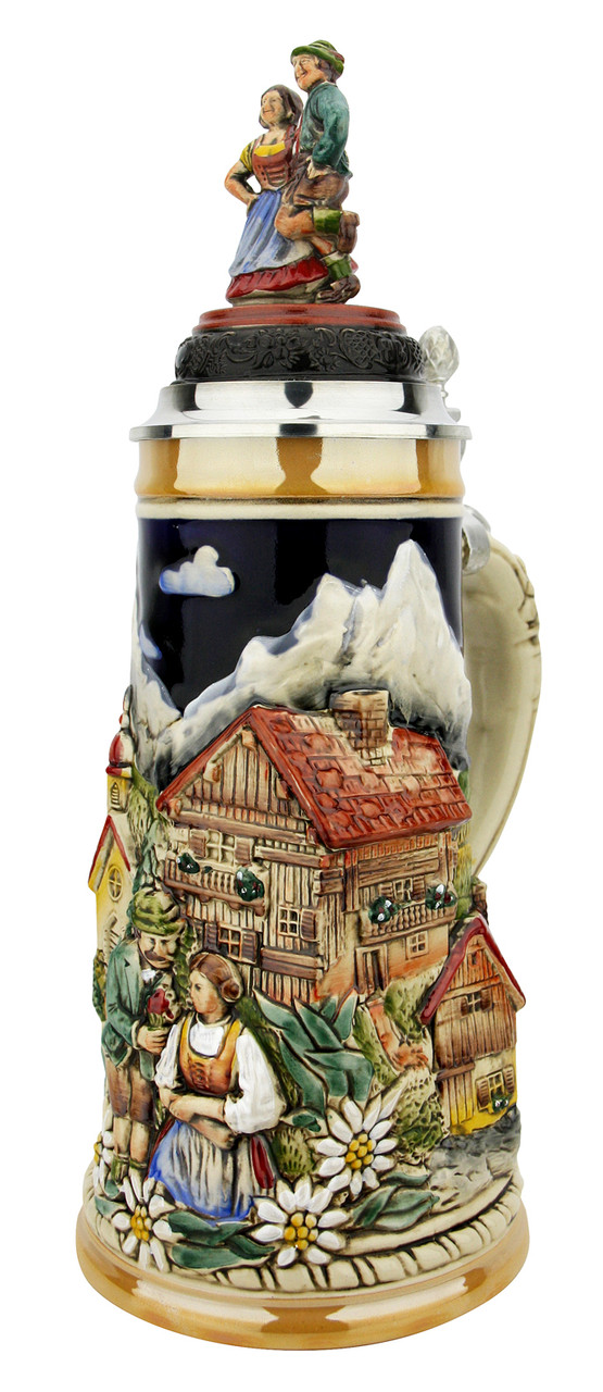 German Couple Lidded Beer Stein | Dancing Couple Stein | Gold