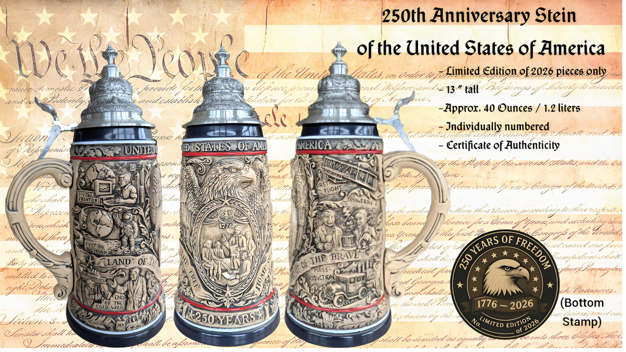 250th USA Anniversary Commemorative Beer Stein Rustic with Pewter Facon Baroque Style Lid
