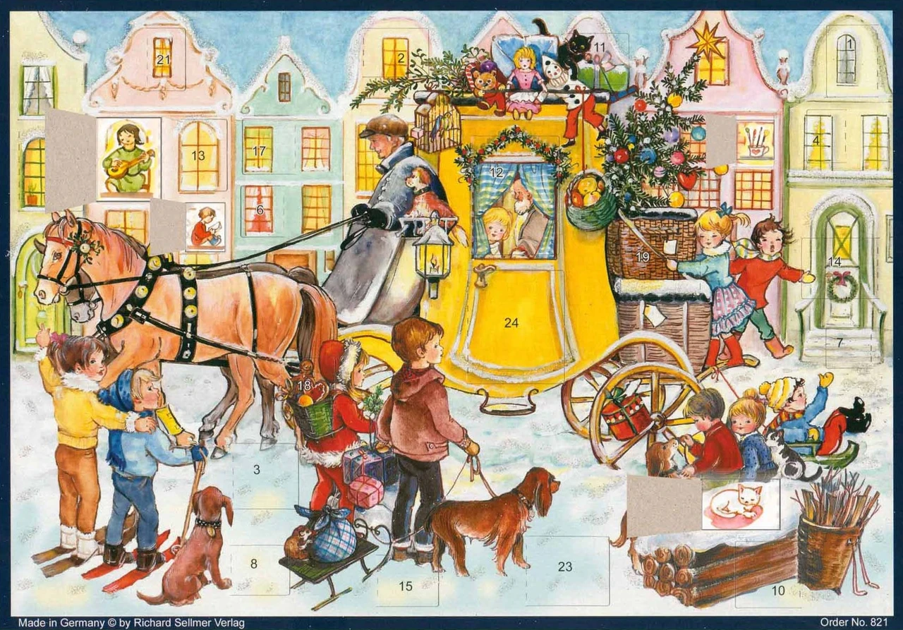A Stagecoach Full of Gifts 1960s Reproduction German Advent Calendar 