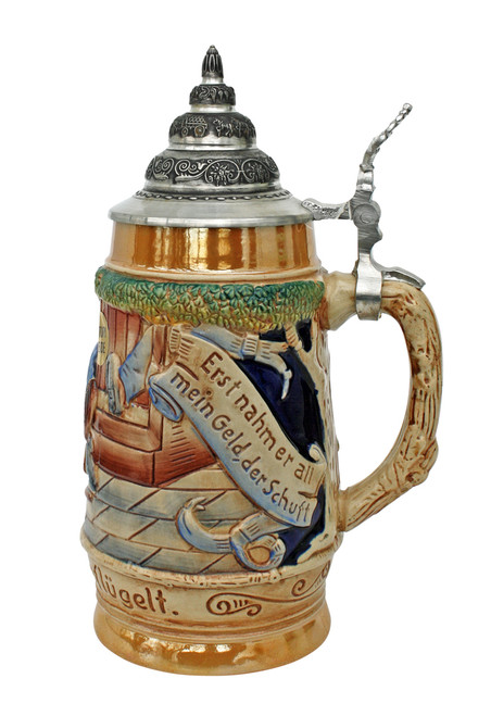 Full-Color Ceramic German Beer Stein with Pewter Lid