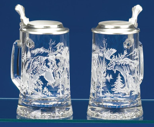 Authentic German Beer Stein with Bear and Moose Engraving 