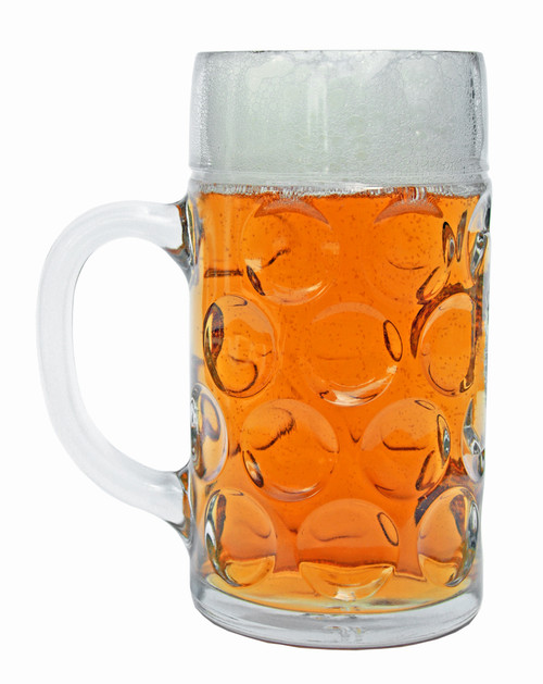 1L Dimpled Glass German Beer Mug, Rear View